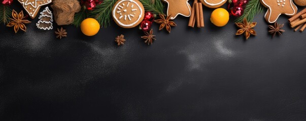 Beautiful Christmas decoration with amazing gingerbread cookies. Merry christmas theme. Christmas greeting card over black background, top view. Flat lay with copy space for xmas greetings.