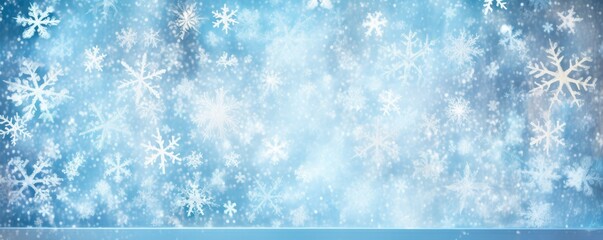 Christmas white snowflakes in the blue sky at a window shutter backgrounds. Freezing winter...