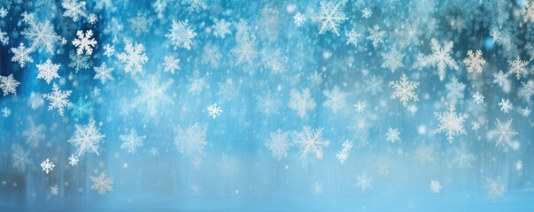 Christmas white snowflakes in the blue sky at a window shutter backgrounds. Freezing winter holiday, blue snowflakes background.