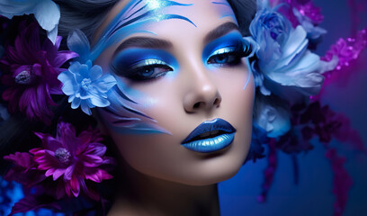 beauty portrait of young fashionable woman with creative flowers makeup, in style of purple and blue glowing