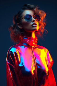 stylish and futuristic portrait of young fashion model woman, colorful studio shot