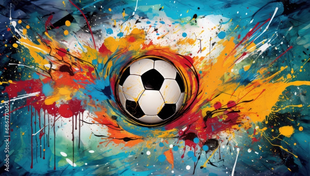 Poster this soccer ball is splatted with color generative ai