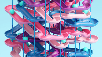 Colorful marble run sculpture. Rolling ball illustration on plain background with copy space. 3d rendering