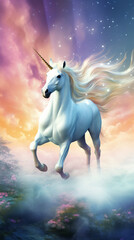 A mystical and whimsical image depicting a white unicorn majestically galloping across a pastel colored meadow under a vibrant blue sky created with Generative Ai