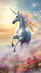 Obraz na płótnie Canvas A mystical and whimsical image depicting a white unicorn majestically galloping across a pastel colored meadow under a vibrant blue sky created with Generative Ai