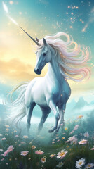 Naklejka na ściany i meble A mystical and whimsical image depicting a white unicorn majestically galloping across a pastel colored meadow under a vibrant blue sky created with Generative Ai