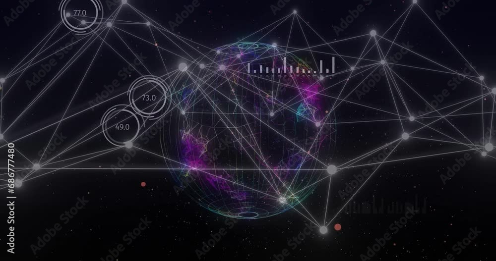 Poster animation of graphs, changing numbers in circles and connected dots over globe