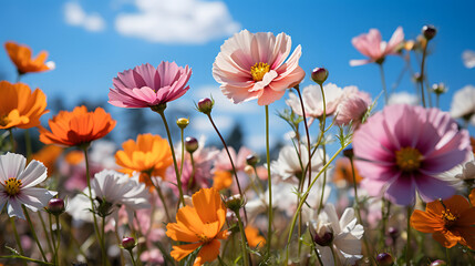 Obraz premium Beautiful Blooms Against a Soft Blue Sky in a Field, Captured in a Gentle Focus