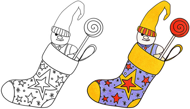 Christmas stocking. Bright colour pattern decoration filled with toy and lollipop. Black and white line hand drawn version. Perfect Xmas, festive season illustration.