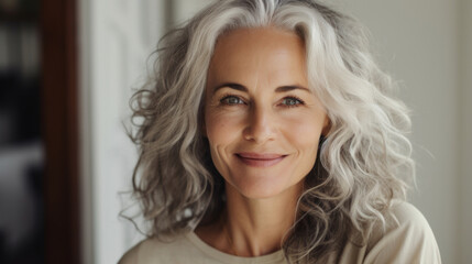 Beautiful aged mature woman with healthy face skin, grey hair and happy smile on light interior background. Skin care, natural beauty, cosmetology concept. - obrazy, fototapety, plakaty