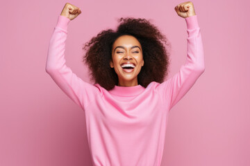 Portrait of delighted funky person raise fists attainment luck shout yes hooray isolated on pink color background - obrazy, fototapety, plakaty