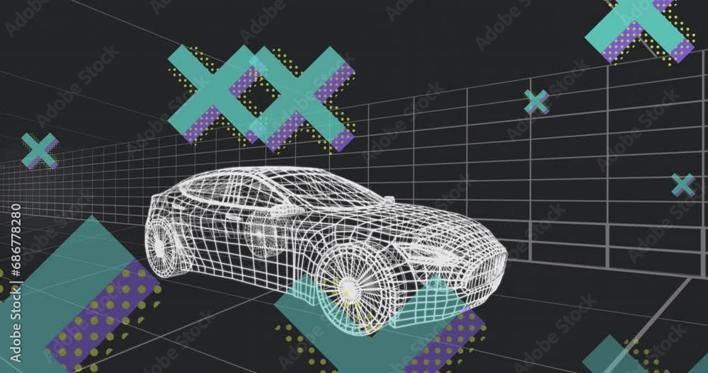 Poster animation of x symbols and grid pattern moving against black background