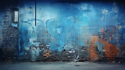 a captivating scene where vibrant gradient blue graffiti breathes new life into a weathered and ruined plaster wall, showcasing the beauty of urban decay.