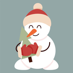 Cute smiling snowman in mittens with a Christmas tree in his hands