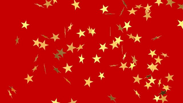 Falling gold stars on a red background. 3D rendering of animation. Video effect for holiday day and weddings. Green screen. Rain from stars.