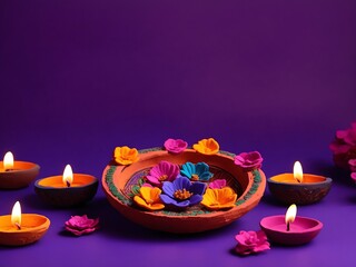 Obraz na płótnie Canvas Colorful clay diya lamps with flowers on purple background