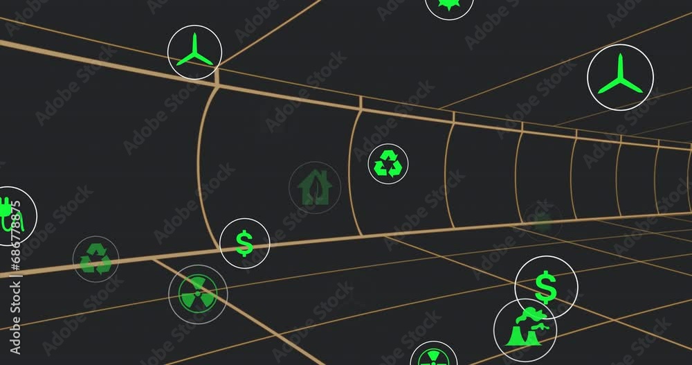 Poster animation of sustainable icon in circles over lines forming grid pattern over black background