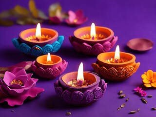 Obraz na płótnie Canvas Colorful clay diya lamps with flowers on purple background