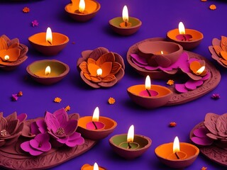 Colorful clay diya lamps with flowers on purple background