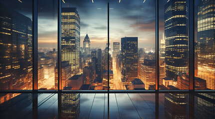 Reflective skyscraper office buildings at night, background for business, finance or architecture