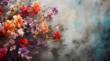 Fototapeta na wymiar Vibrant flowers captured on an aged marble background, with a noisy, grunge texture and subtle ombre nuances.