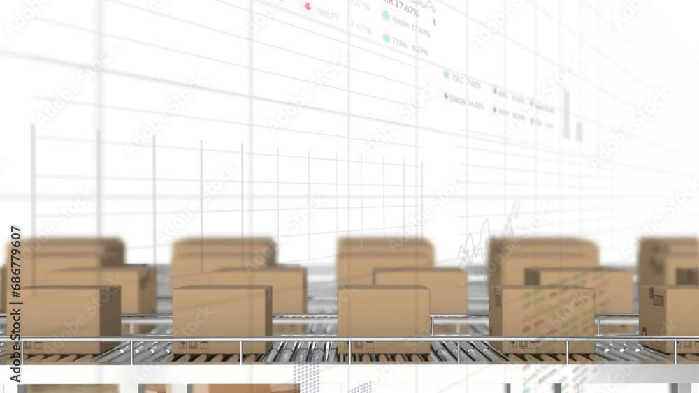 Poster animation of trading boards and multiple graphs over cardboard boxes on conveyor belt