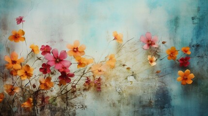 Vibrant flowers captured on an aged marble background, with a noisy, grunge texture and subtle ombre nuances.