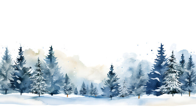 Winter watercolor banner with forest christmas tree on a white background