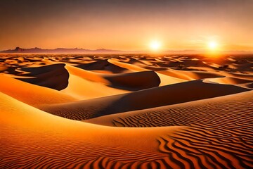 Fototapeta na wymiar Vast dunes bathed in the ethereal glow of a desert sunset, a timeless panorama under the spell of shifting sands