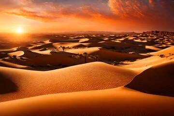 Vast dunes bathed in the ethereal glow of a desert sunset, a timeless panorama under the spell of shifting sands