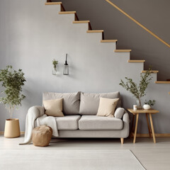 Cute grey sofa in room with staircase. Scandinavian home interior design of modern living room.