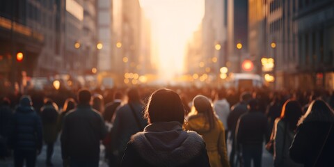 Back view of a crowd of people walking on the street in a busy European city in the evening out of focus blurred background - Generative ai