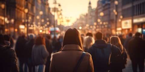 Back view of woman walking among a crowd of people on the street in a busy European city in the evening out of focus blurred background - Generative ai