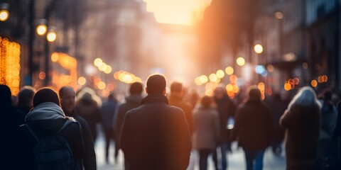 Back view of a crowd of people walking on the street in a busy European city in the evening out of focus blurred background - Generative ai