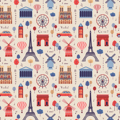 Paris Famous Landmarks Vintage Pattern - obrazy, fototapety, plakaty