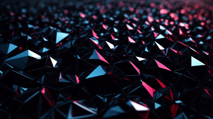 A 3D-rendered abstract background showcasing a black crystal with a faceted texture. This macro panorama offers a wide and panoramic view, creating a captivating polygonal wallpaper.