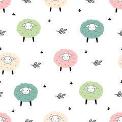 Colorful cute sheep pattern. Cartoon animal background. Vector illustration. For wallpaper, textile, wrapping and print design