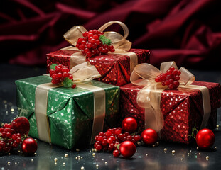 Christmas gift, present box and holiday decoration. New year greeting card.