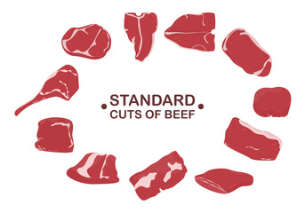 Steak Set Cuts of beef and beef used for cooking steaks and grills vector cartoon illustration For a butcher shop or steak restaurant menu.