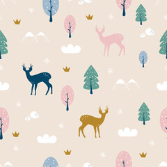 Obraz premium Seamless woodland pattern with cute reindeer and forest elements. For fabric, textile, apparel, nursery decoration, wallpaper, wrapping and print design. Vector illustration