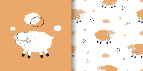 Illustration and seamless pattern with cute sheep and hand drawn elements. Cartoon animal background. For fabric, textile, wallpaper, wrapping paper and print design. Vector Illustration