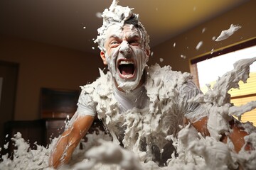 Man exuberantly shouting, covered in splattering foam, in a moment of intense fun or surprise indoors