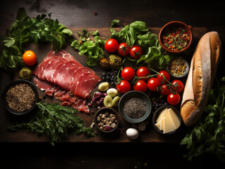 sliced and whole smoked meat and boiled pork, lies on a cutting board, with cheese, herbs and vegetables. dry salami sausage on wooden cutting board. Black background. Top view. - obrazy, fototapety, plakaty