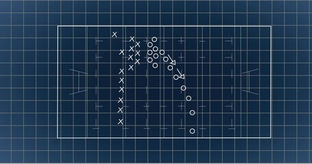 Animation of x, arrows and circles symbols on sports court with grid pattern over black background - Powered by Adobe