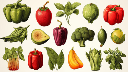  Illustration of colored fruits and vegetables for design farm product, market label vegetarian shop, Collection farm product for restaurant menu.