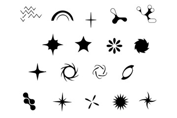 Y2k elements. Geometric brutalism forms sticker. Retro futuristic elements for design. Starburst sunburst icons. Templates for notes, posters, banners, stickers, business cards, logo