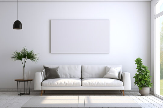 .Mockup of picture canvas in home interior design of modern living room whith white sofa