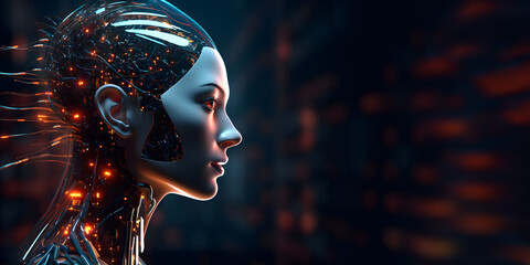Side view of futuristic female robot head with wires attached to her brain glowing with warm light. Future of artificial intelligence concept. Blurred data center as dark background. Copy space. - obrazy, fototapety, plakaty