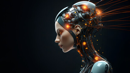 Side view of futuristic female humanoid robot head with wires attached to her brain and glowing lights. Future of artificial intelligence concept. Dark background with copy space.	