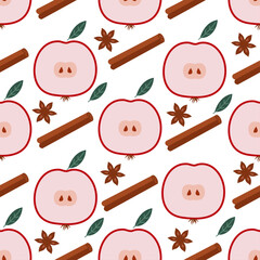Seamless vector fruit pattern red apples and cinnamon sticks